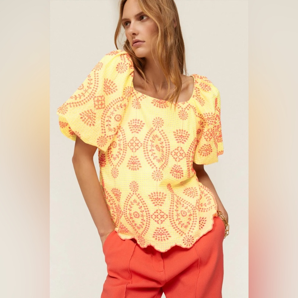 Lilly Pulitzer Lettie Eyelet Yellow & Orange Puff Sleeve Top